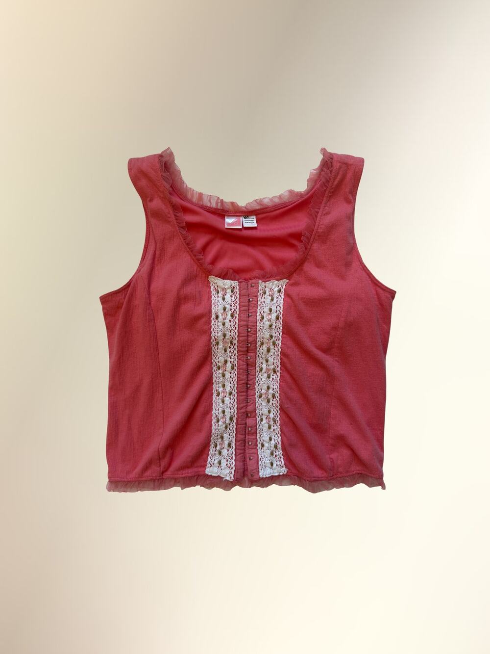 Y2K Coral Pink Lace Beaded Hook and Eye Corset Ruffle Tank Top Women's L